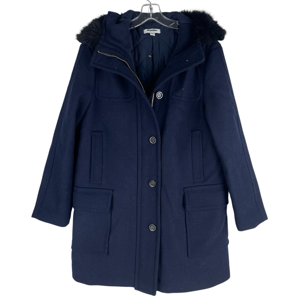 Ann Taylor Weekend Collection Faux Fur Trim Wool Duffle Coat Blue Size M - Picture 5 of 12
